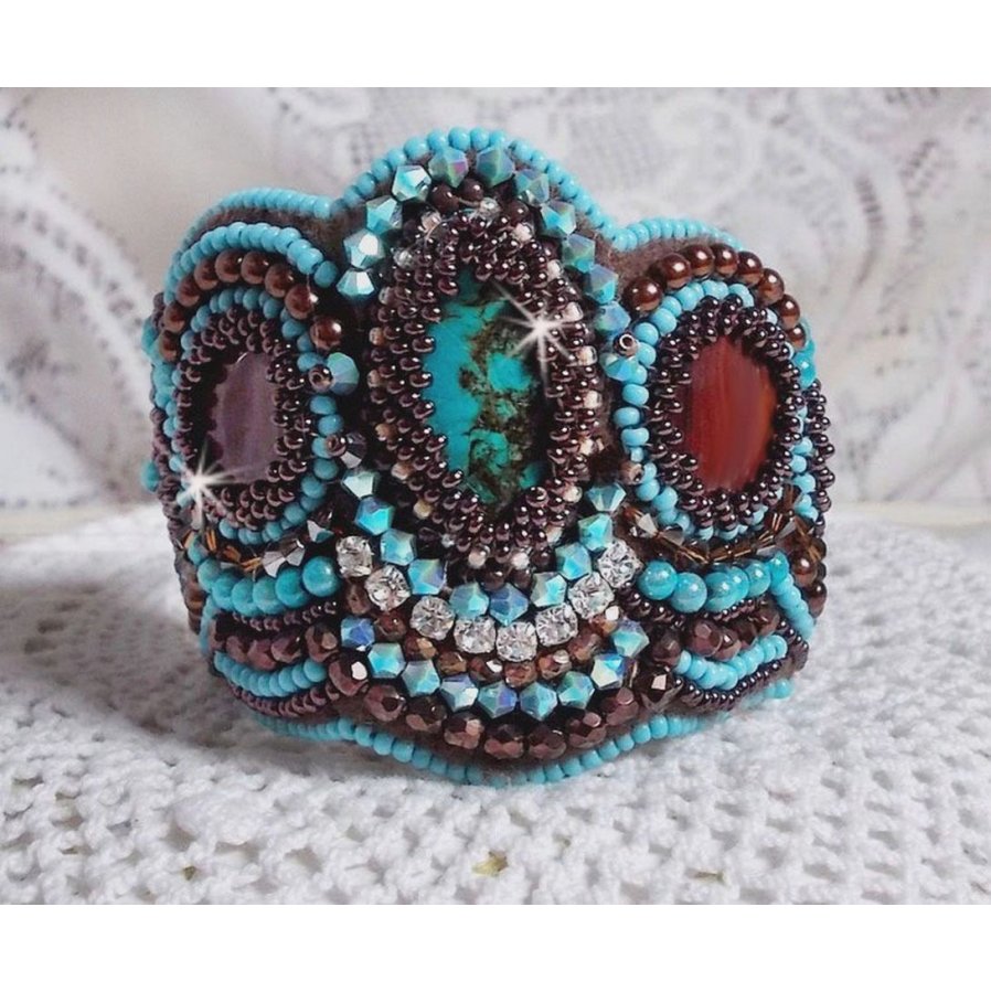 Turquoise Cuff bracelet Haute-Couture embroidered with mahogany mother-of-pearl disc, Swarovski crystals, faceted Bohemian glass and seed beads