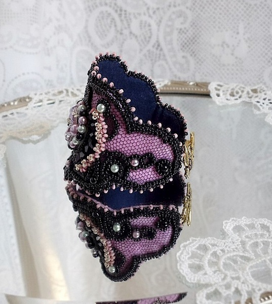 Marquise cuff bracelet embroidered with Swarovski crystals, black lace from 1950 very old, freshwater pearls and seed beads