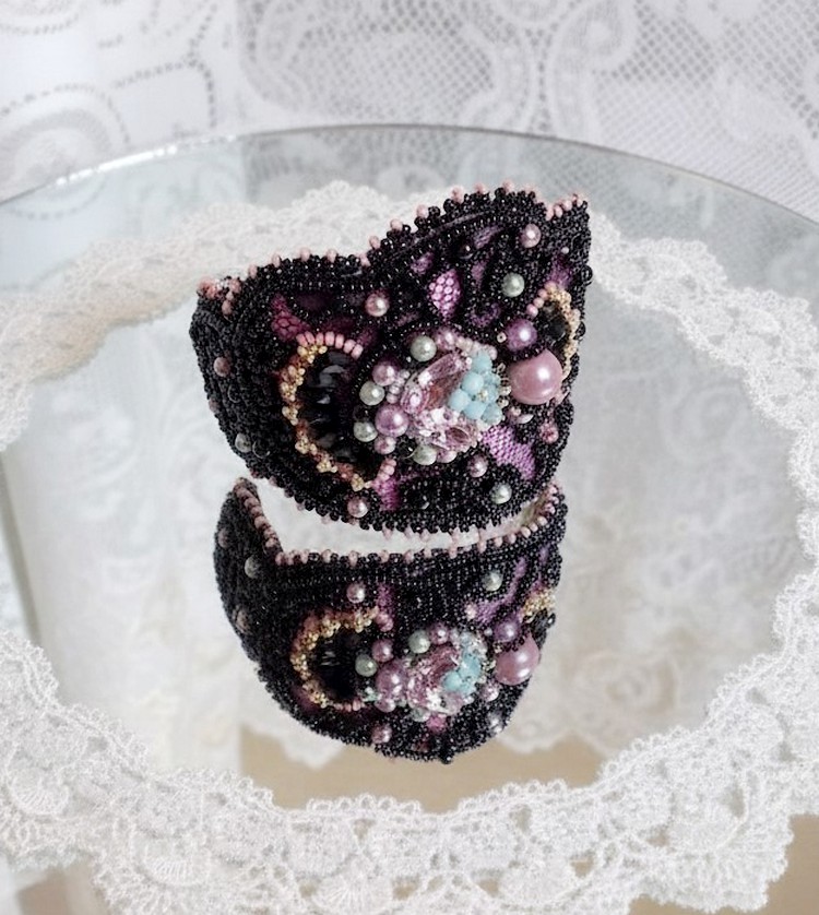 Marquise cuff bracelet embroidered with Swarovski crystals, black lace from 1950 very old, freshwater pearls and seed beads