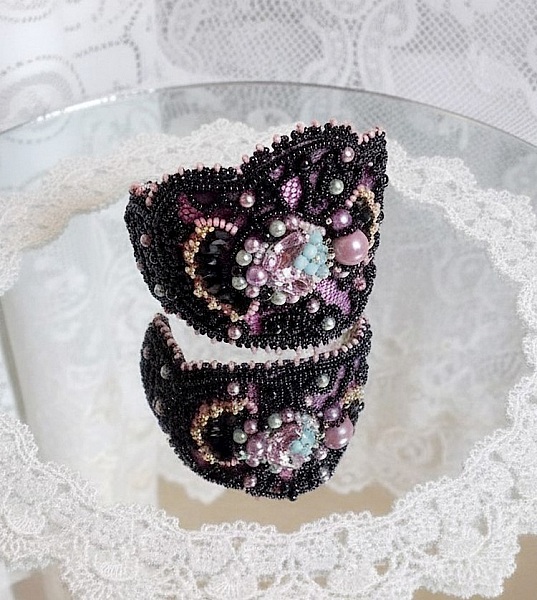 Marquise cuff bracelet embroidered with Swarovski crystals, black lace from 1950 very old, freshwater pearls and seed beads