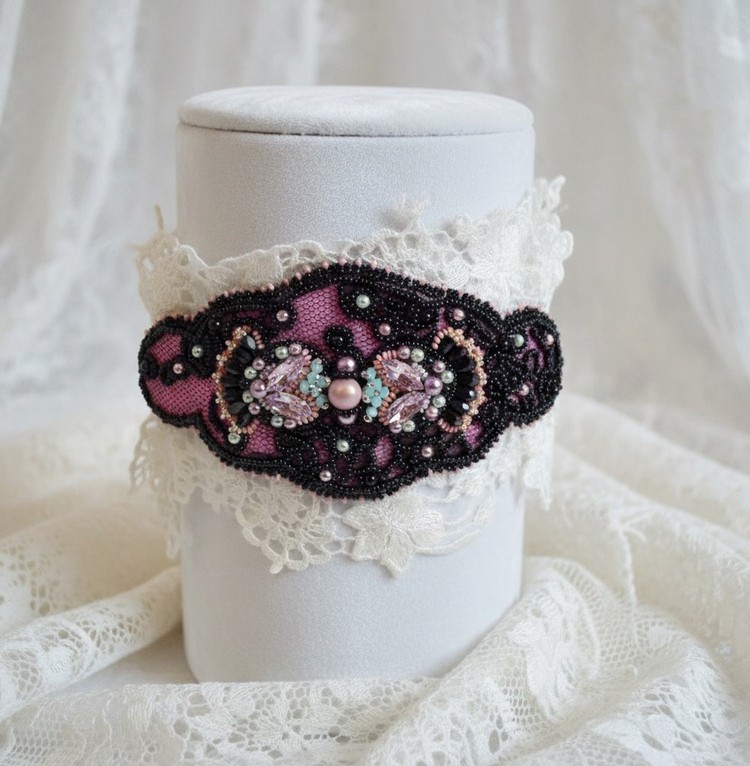 Marquise cuff bracelet embroidered with Swarovski crystals, black lace from 1950 very old, freshwater pearls and seed beads