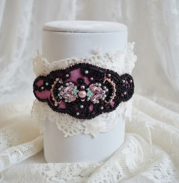 Marquise cuff bracelet embroidered with Swarovski crystals, black lace from 1950 very old, freshwater pearls and seed beads