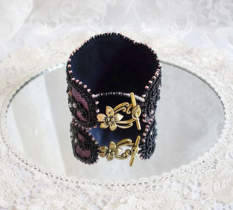 Marquise cuff bracelet embroidered with Swarovski crystals, black lace from 1950 very old, freshwater pearls and seed beads