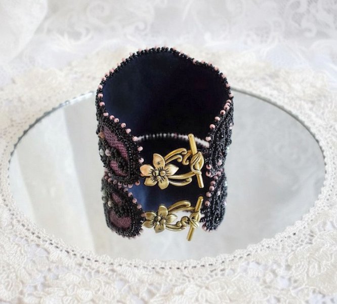 Marquise cuff bracelet embroidered with Swarovski crystals, black lace from 1950 very old, freshwater pearls and seed beads