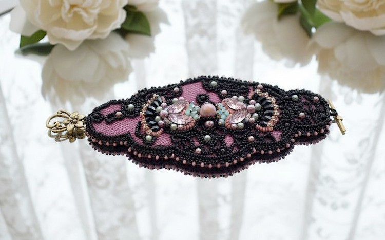 Marquise cuff bracelet embroidered with Swarovski crystals, black lace from 1950 very old, freshwater pearls and seed beads