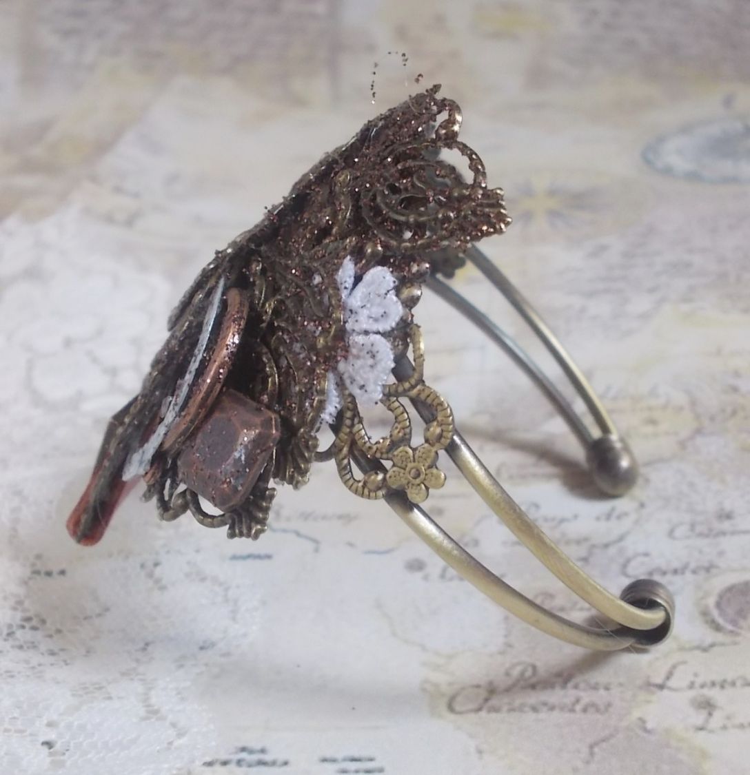 Navigating Shadow bracelet created with Cognac leather, fabric flower, accessories in Bronze, Copper, Black with charms