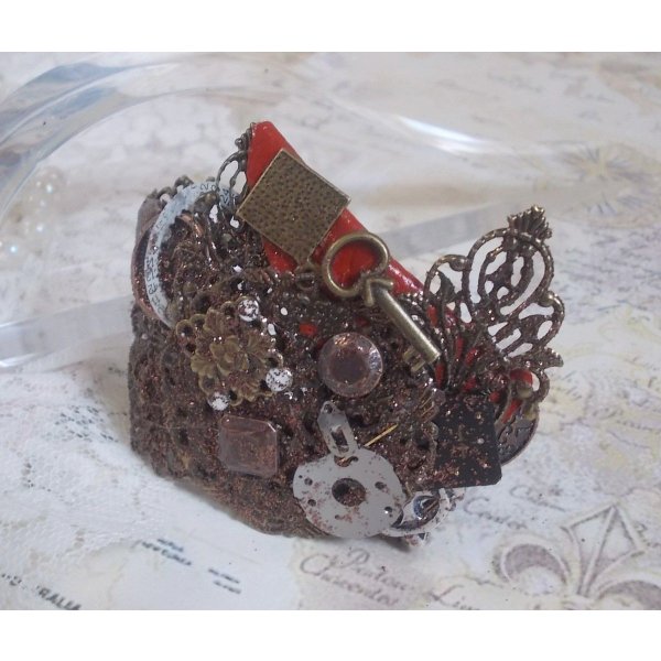 Navigating Shadow bracelet created with Cognac leather, fabric flower, accessories in Bronze, Copper, Black with charms