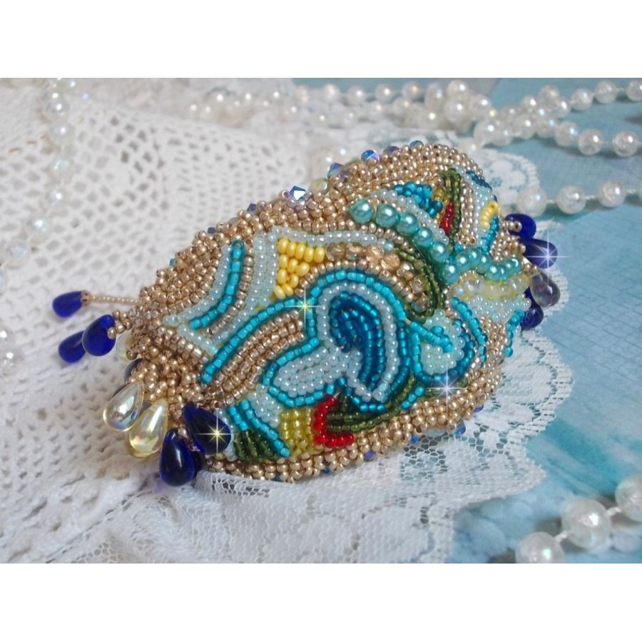 Blue Gold Butterfly bracelet embroidered with Swarovski crystals; smooth drops, facets, seed beads and a 14K Gold Filled clasp