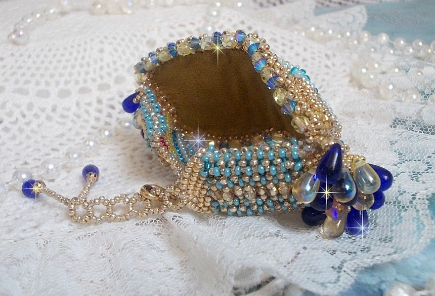 Blue Gold Butterfly bracelet embroidered with Swarovski crystals; smooth drops, facets, seed beads and a 14K Gold Filled clasp