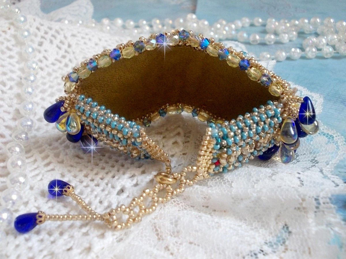 Blue Gold Butterfly bracelet embroidered with Swarovski crystals; smooth drops, facets, seed beads and a 14K Gold Filled clasp