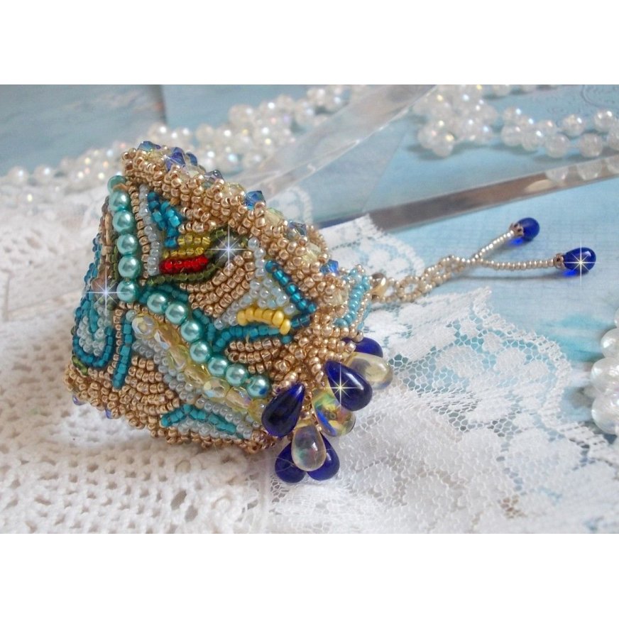 Blue Gold Butterfly bracelet embroidered with Swarovski crystals; smooth drops, facets, seed beads and a 14K Gold Filled clasp