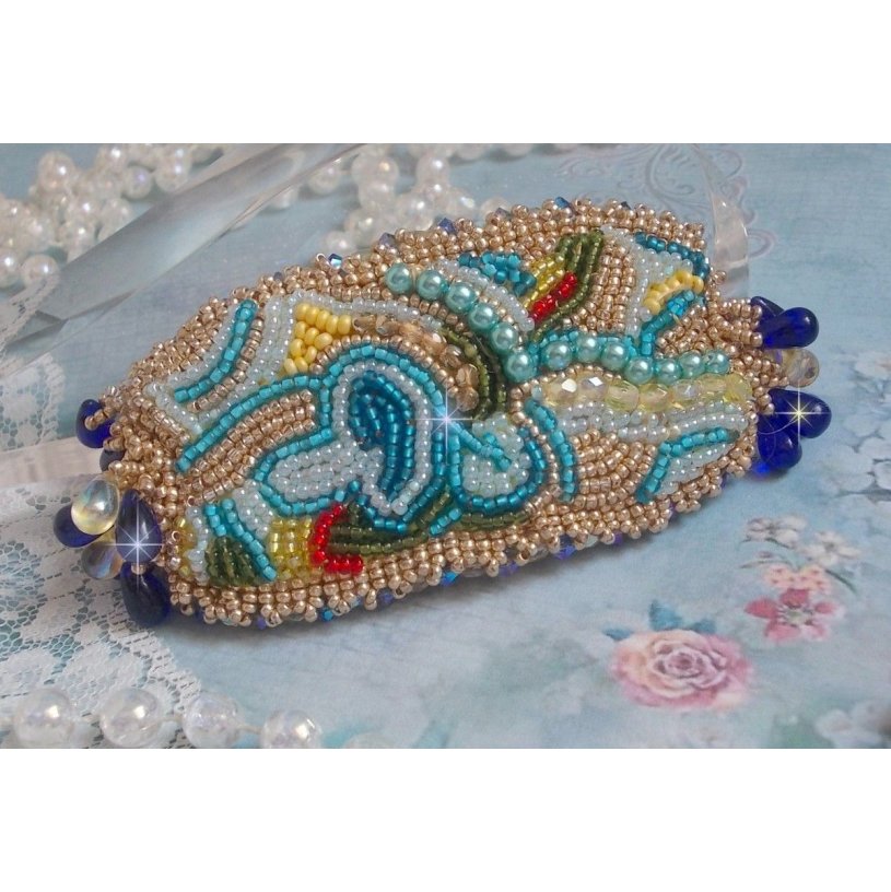 Blue Gold Butterfly bracelet embroidered with Swarovski crystals; smooth drops, facets, seed beads and a 14K Gold Filled clasp