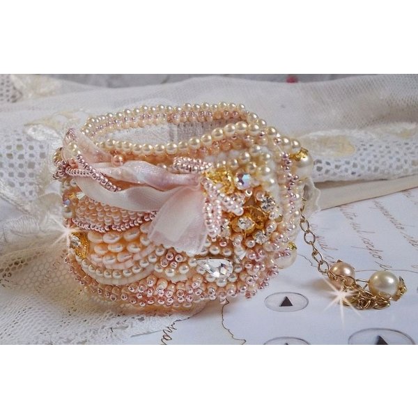 Bracelet Rice powder cuff embroidered with freshwater pearls, pearls, seed beads and Swarovski crystals