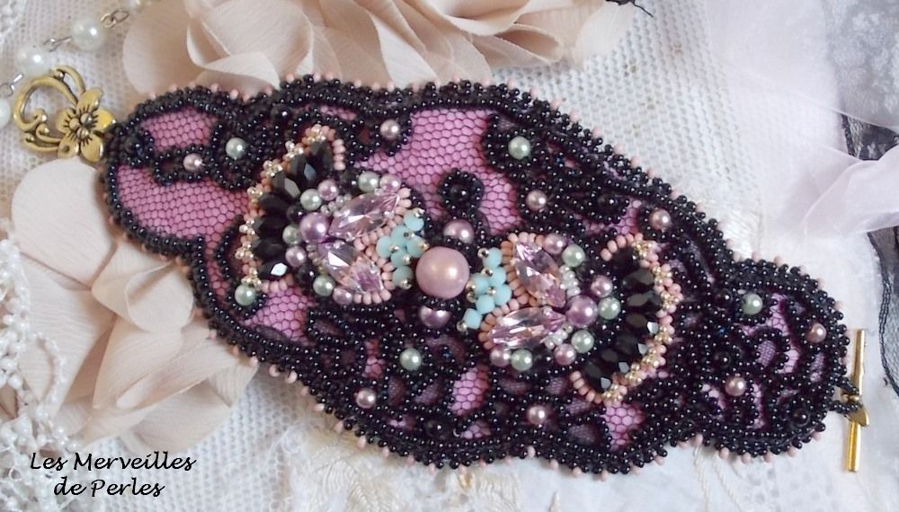 Marquise cuff bracelet embroidered with Swarovski crystals, black lace from 1950 very old, freshwater pearls and seed beads