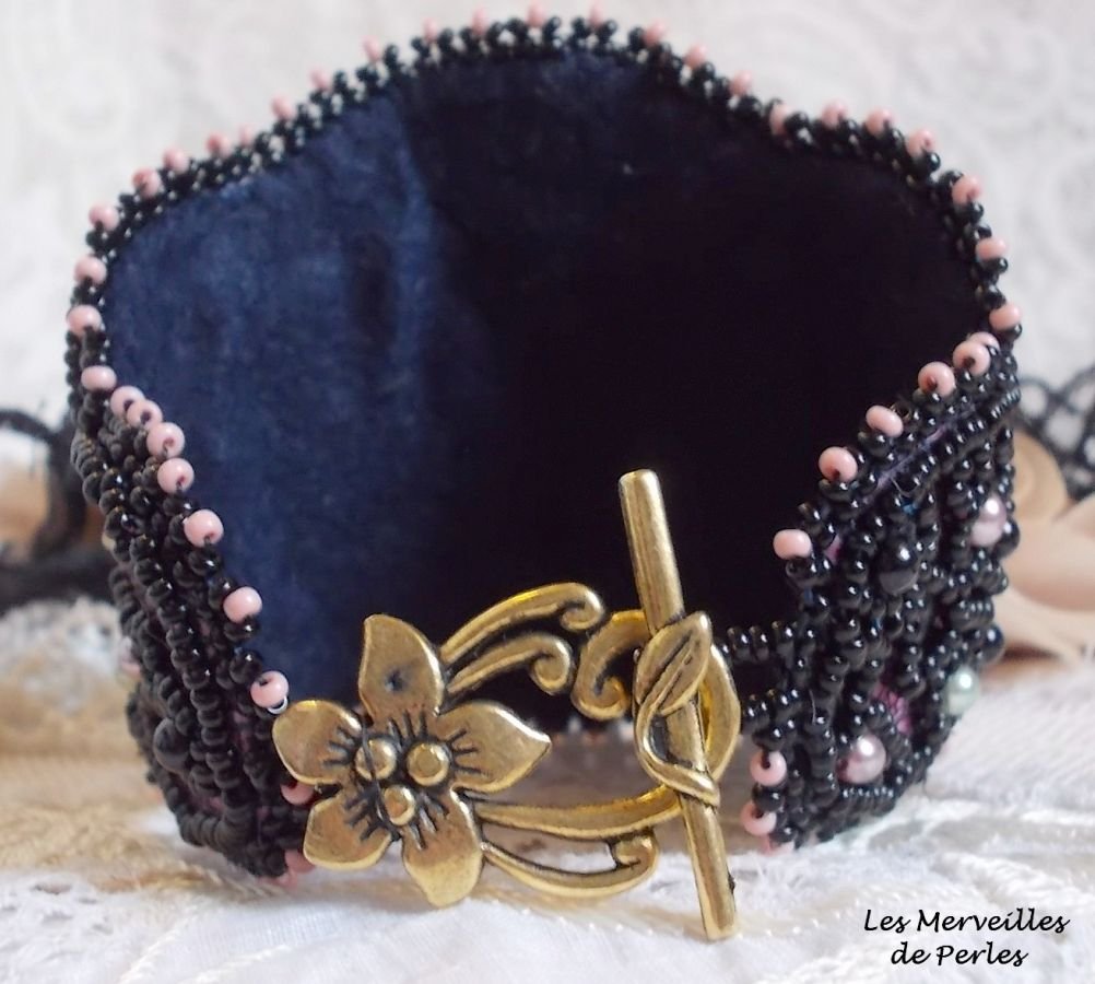 Marquise cuff bracelet embroidered with Swarovski crystals, black lace from 1950 very old, freshwater pearls and seed beads