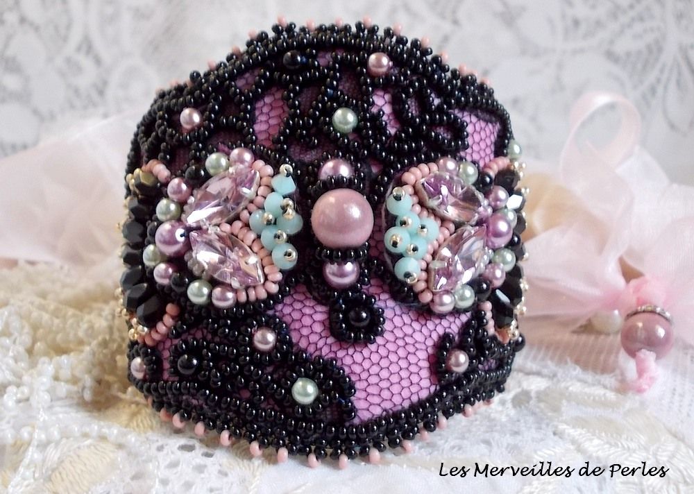 Marquise cuff bracelet embroidered with Swarovski crystals, black lace from 1950 very old, freshwater pearls and seed beads