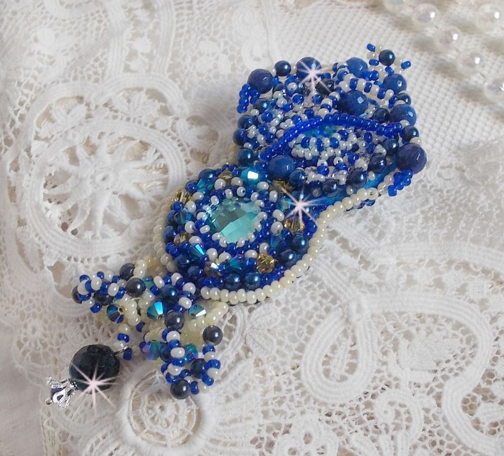 Blue Palace Haute-Couture brooch embroidered with Swarovski crystals, round pearly beads, bohemian glass facets and seed beads