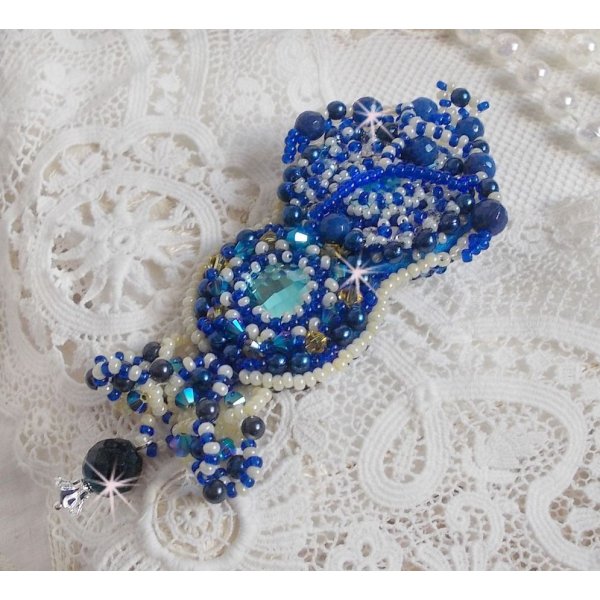 Blue Palace Haute-Couture brooch embroidered with Swarovski crystals, round pearly beads, bohemian glass facets and seed beads