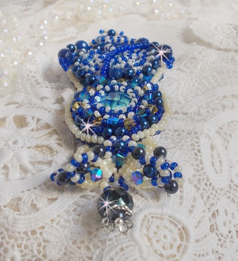 Blue Palace Haute-Couture brooch embroidered with Swarovski crystals, round pearly beads, bohemian glass facets and seed beads