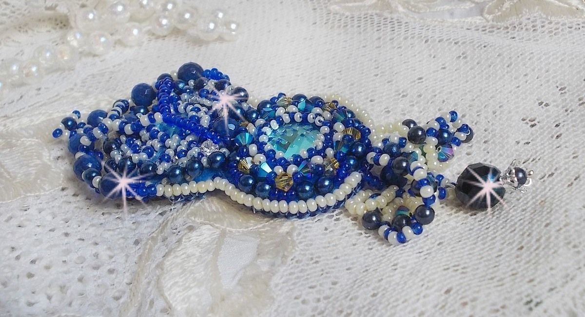 Blue Palace Haute-Couture brooch embroidered with Swarovski crystals, round pearly beads, bohemian glass facets and seed beads