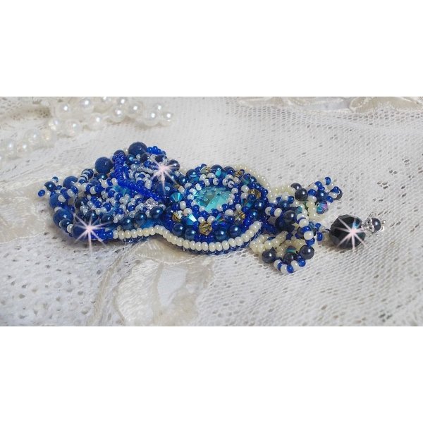 Blue Palace Haute-Couture brooch embroidered with Swarovski crystals, round pearly beads, bohemian glass facets and seed beads