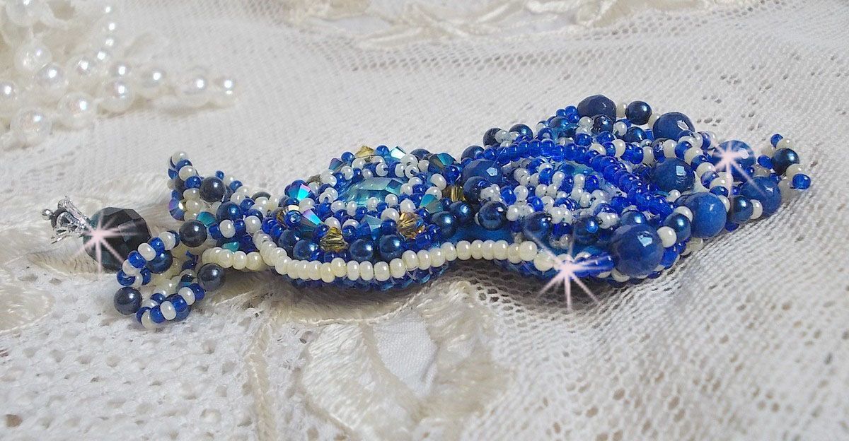 Blue Palace Haute-Couture brooch embroidered with Swarovski crystals, round pearly beads, bohemian glass facets and seed beads