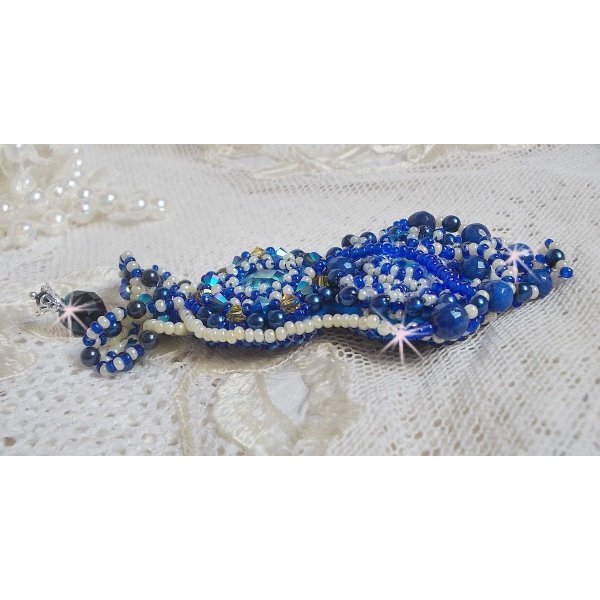 Blue Palace Haute-Couture brooch embroidered with Swarovski crystals, round pearly beads, bohemian glass facets and seed beads