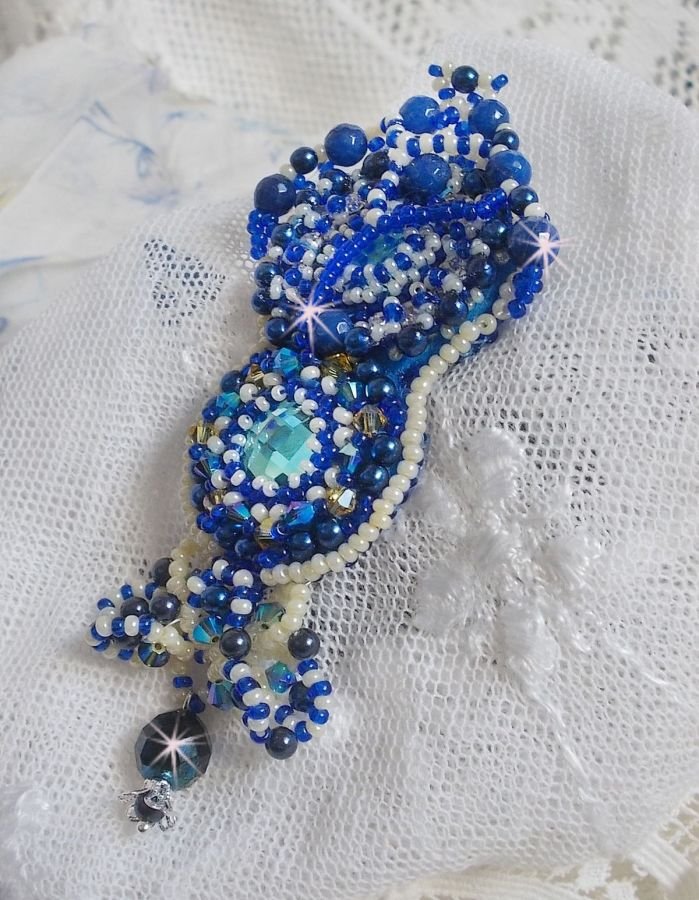 Blue Palace Haute-Couture brooch embroidered with Swarovski crystals, round pearly beads, bohemian glass facets and seed beads