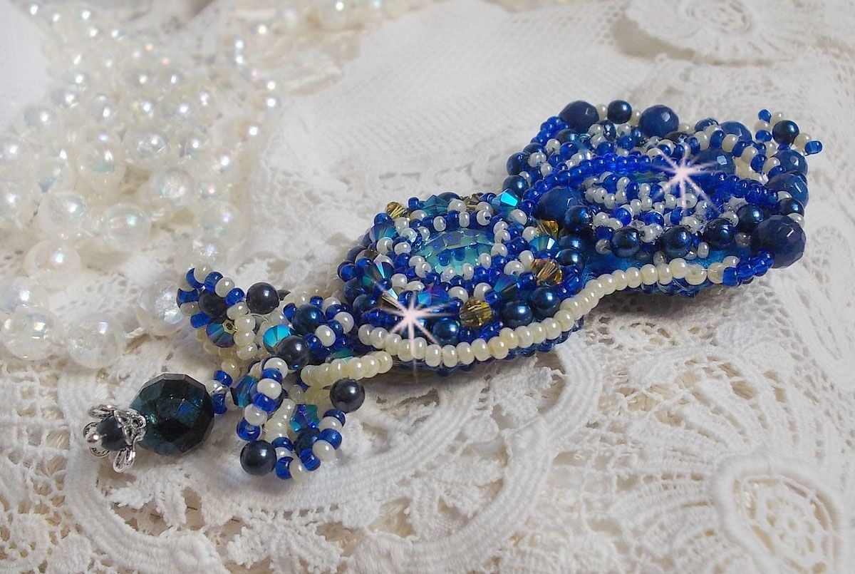 Blue Palace Haute-Couture brooch embroidered with Swarovski crystals, round pearly beads, bohemian glass facets and seed beads