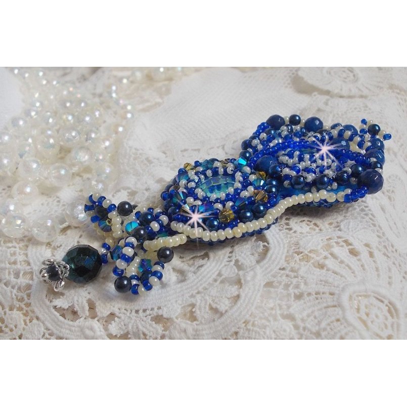 Blue Palace Haute-Couture brooch embroidered with Swarovski crystals, round pearly beads, bohemian glass facets and seed beads