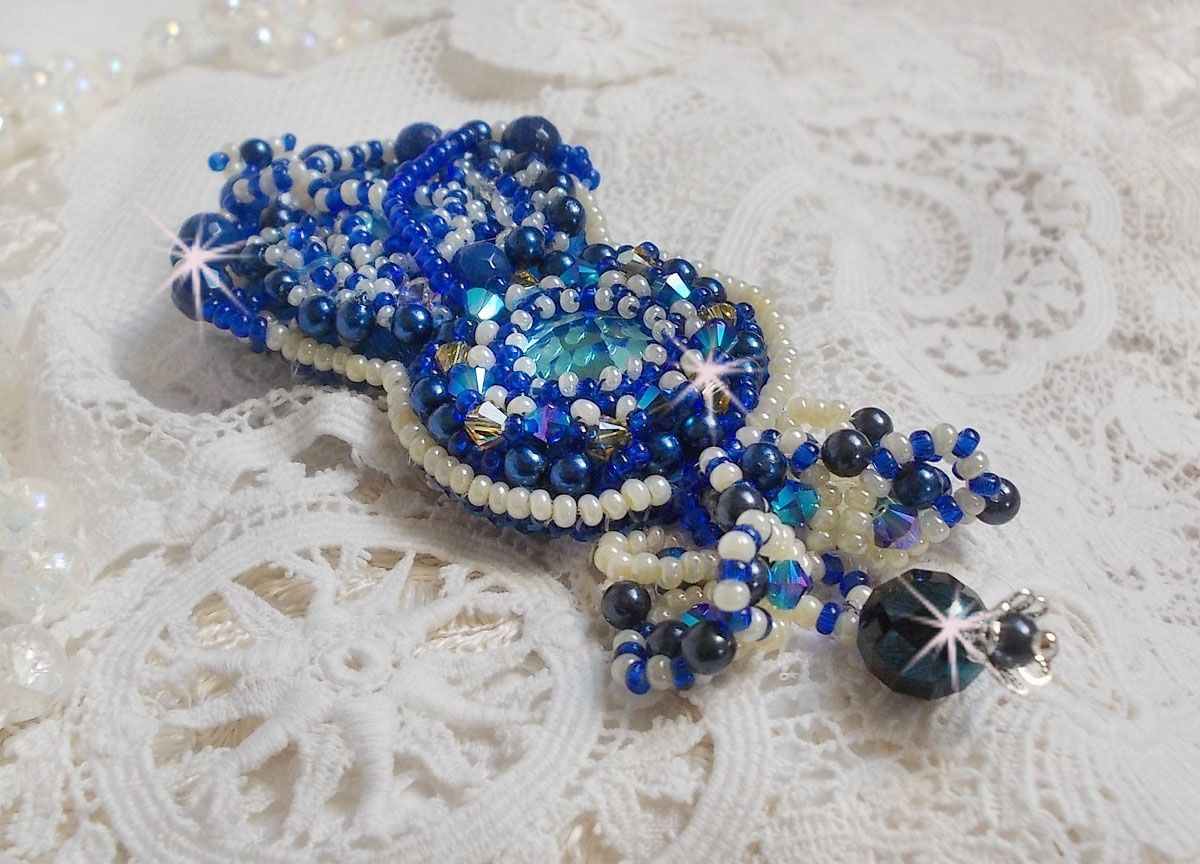 Blue Palace Haute-Couture brooch embroidered with Swarovski crystals, round pearly beads, bohemian glass facets and seed beads