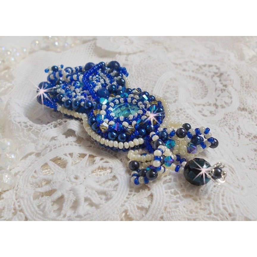 Blue Palace Haute-Couture brooch embroidered with Swarovski crystals, round pearly beads, bohemian glass facets and seed beads