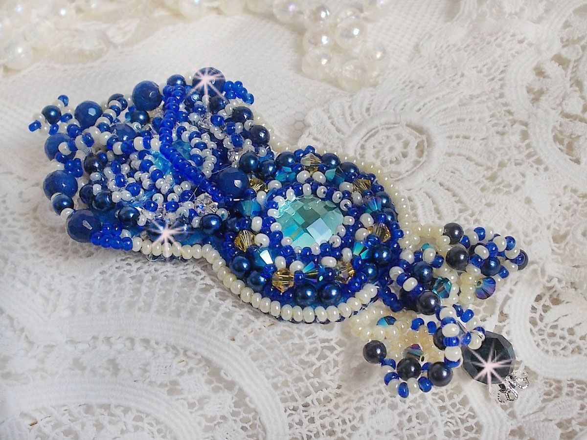 Blue Palace Haute-Couture brooch embroidered with Swarovski crystals, round pearly beads, bohemian glass facets and seed beads