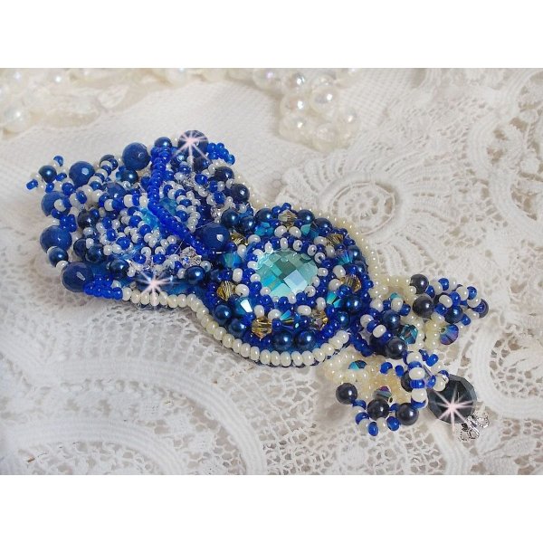 Blue Palace Haute-Couture brooch embroidered with Swarovski crystals, round pearly beads, bohemian glass facets and seed beads