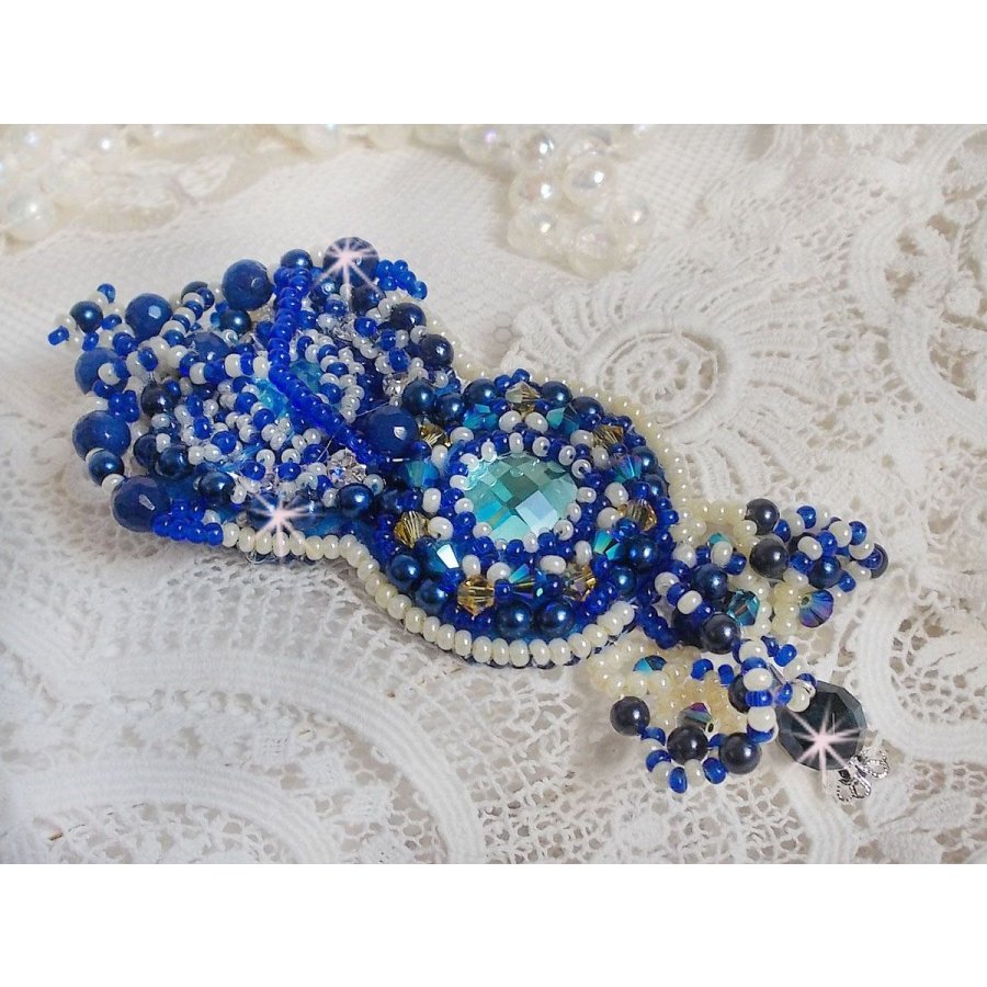 Blue Palace Haute-Couture brooch embroidered with Swarovski crystals, round pearly beads, bohemian glass facets and seed beads