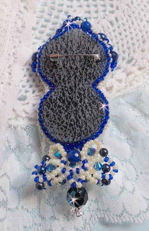 Blue Palace Haute-Couture brooch embroidered with Swarovski crystals, round pearly beads, bohemian glass facets and seed beads