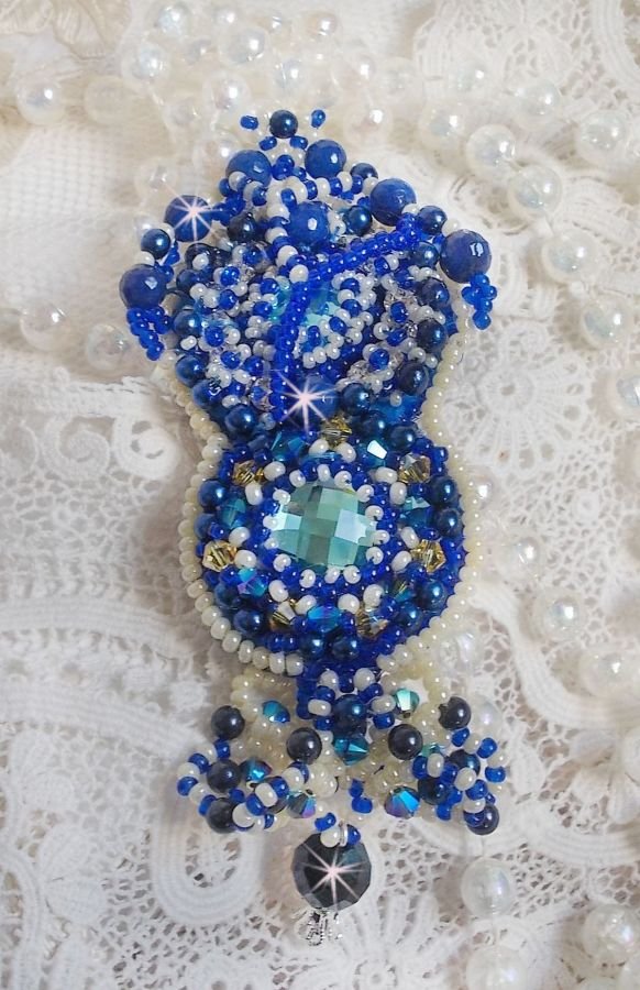 Blue Palace Haute-Couture brooch embroidered with Swarovski crystals, round pearly beads, bohemian glass facets and seed beads