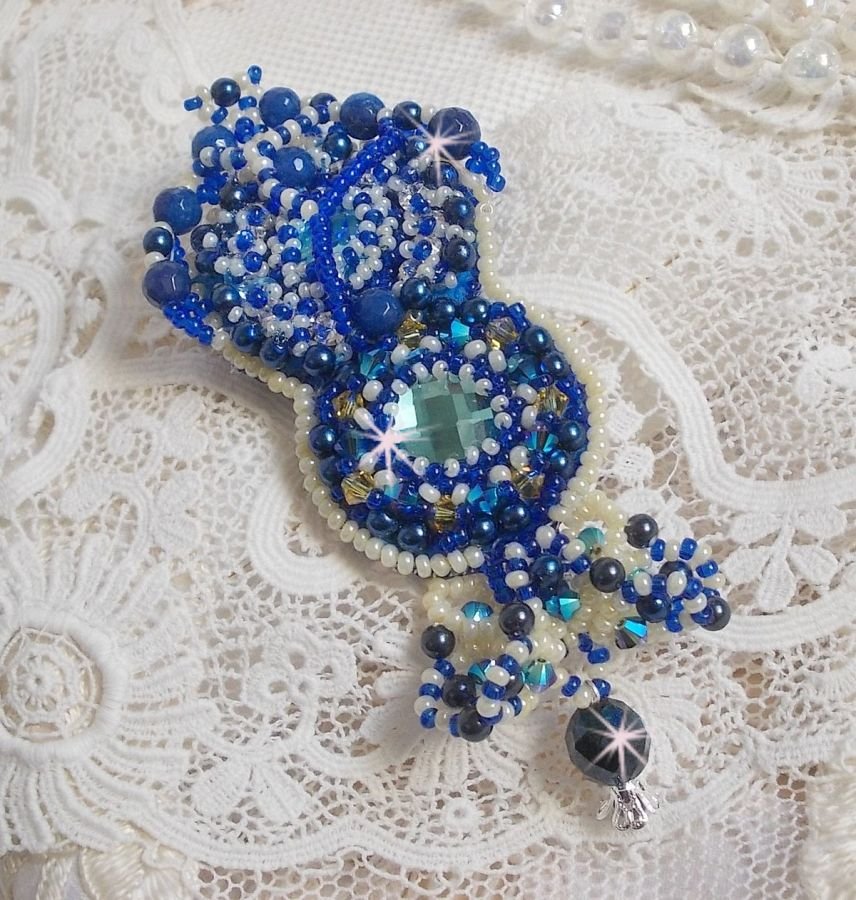 Blue Palace Haute-Couture brooch embroidered with Swarovski crystals, round pearly beads, bohemian glass facets and seed beads