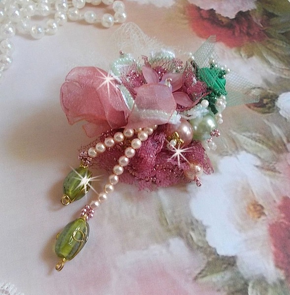 Soft Powdered brooch created with lace, organza ribbon, Swarovski beads, glass beads and seed beads 