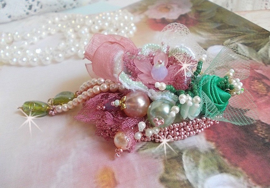Soft Powdered brooch created with lace, organza ribbon, Swarovski beads, glass beads and seed beads 