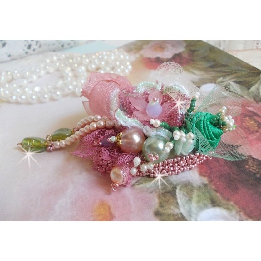 Soft Powdered brooch created with lace, organza ribbon, Swarovski beads, glass beads and seed beads 