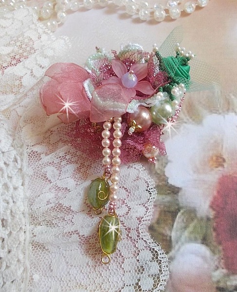 Soft Powdered brooch created with lace, organza ribbon, Swarovski beads, glass beads and seed beads 