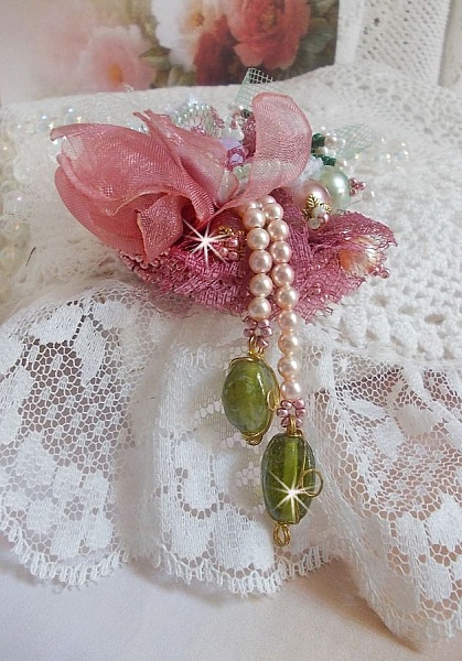 Soft Powdered brooch created with lace, organza ribbon, Swarovski beads, glass beads and seed beads 