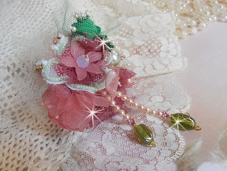 Soft Powdered brooch created with lace, organza ribbon, Swarovski beads, glass beads and seed beads 