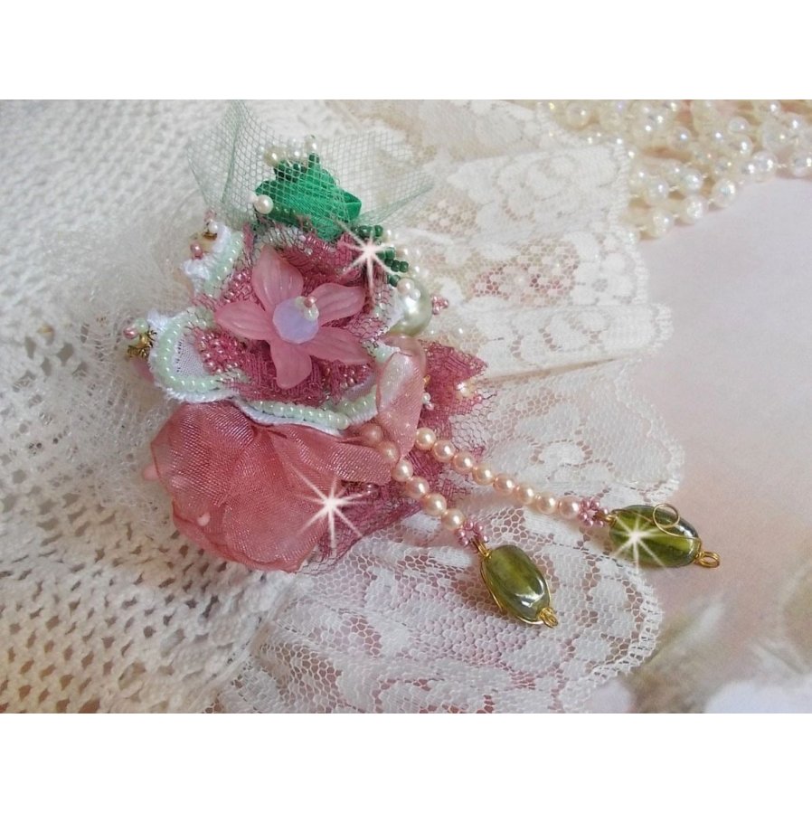 Soft Powdered brooch created with lace, organza ribbon, Swarovski beads, glass beads and seed beads 