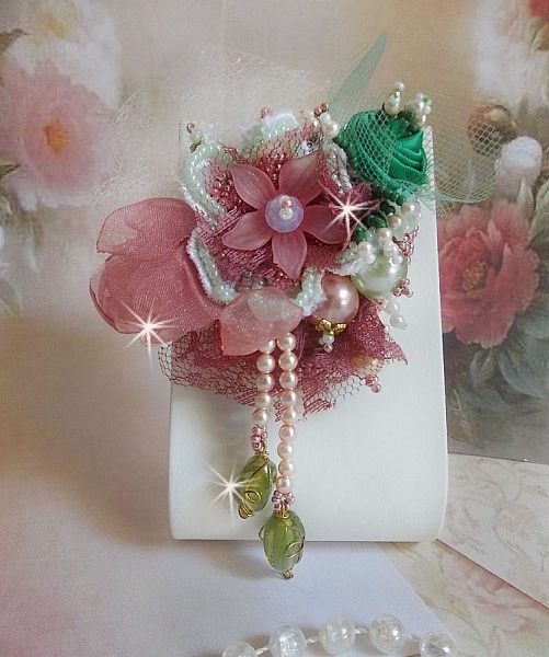 Soft Powdered brooch created with lace, organza ribbon, Swarovski beads, glass beads and seed beads 