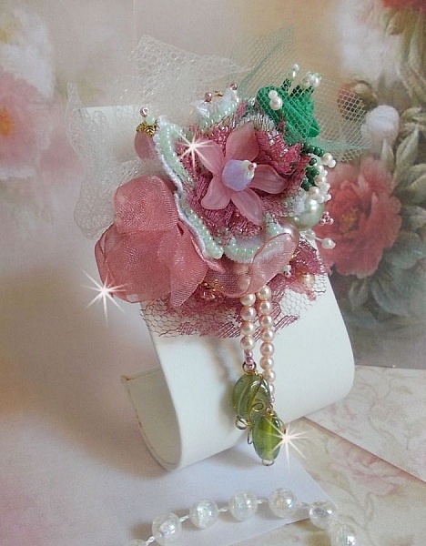 Soft Powdered brooch created with lace, organza ribbon, Swarovski beads, glass beads and seed beads 