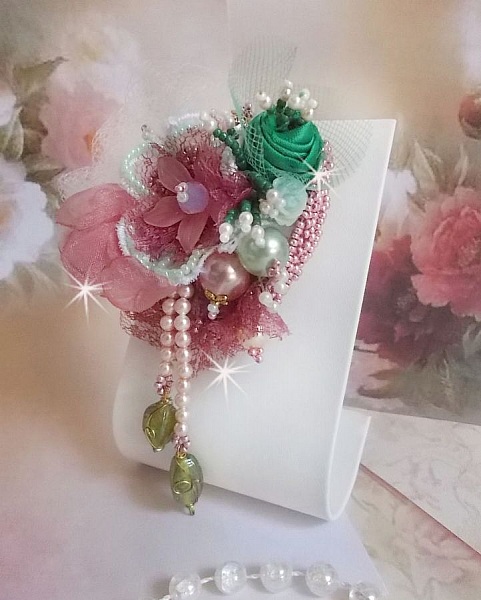 Soft Powdered brooch created with lace, organza ribbon, Swarovski beads, glass beads and seed beads 
