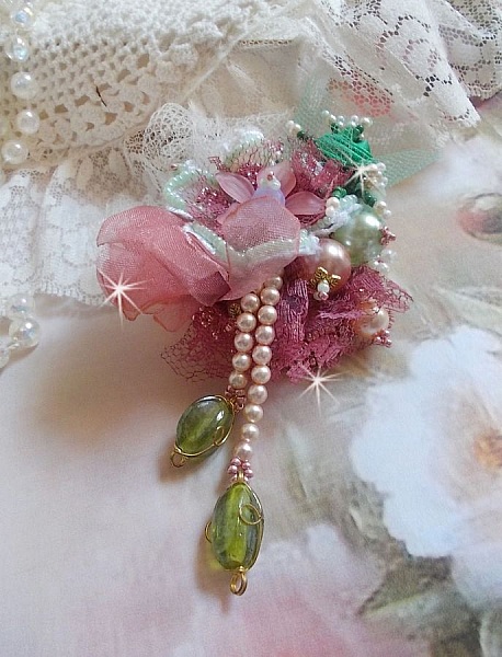 Soft Powdered brooch created with lace, organza ribbon, Swarovski beads, glass beads and seed beads 