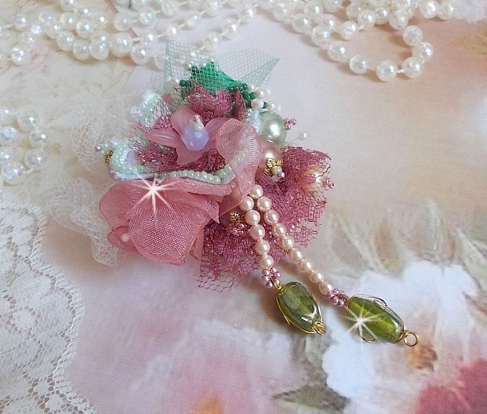 Soft Powdered brooch created with lace, organza ribbon, Swarovski beads, glass beads and seed beads 